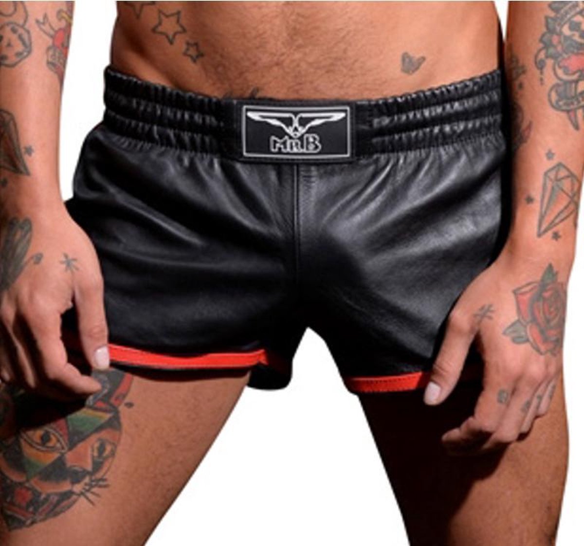 Mister B leren sportbroek zwart met rode bies - large