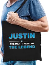 Naam cadeau Justin - The man, The myth the legend katoenen tas - Boodschappentas verjaardag/ vader/ collega/ geslaagd