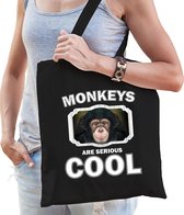 Dieren leuke chimpansee  katoenen tasje volw + kind zwart - monkeys are cool boodschappentas/ gymtas / sporttas - cadeau apen fan