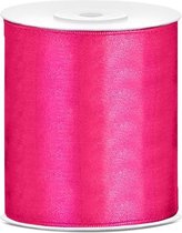 1x Hobby/decoratie fuchsia roze satijnen sierlint 10 cm/100 mm x 25 meter - Cadeaulinten satijnlinten/ribbons
