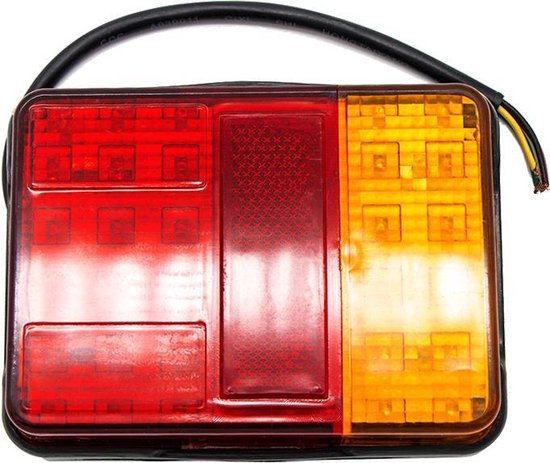 Rechthoekig achterlicht met rood en geel gedeelte en LED-lampjes, zwart omrand, met kabel.