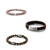 Frank 1967 7FR SET007 Armbanden Set Bruin - 3 Stuks - Natuursteen, Leer en Hout - One-size - Bruin