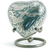 urn gegraveerd hartje met vogels aquablauw 0.11 Liter (gratis vullen en fluwelen doosje bij geleverd)