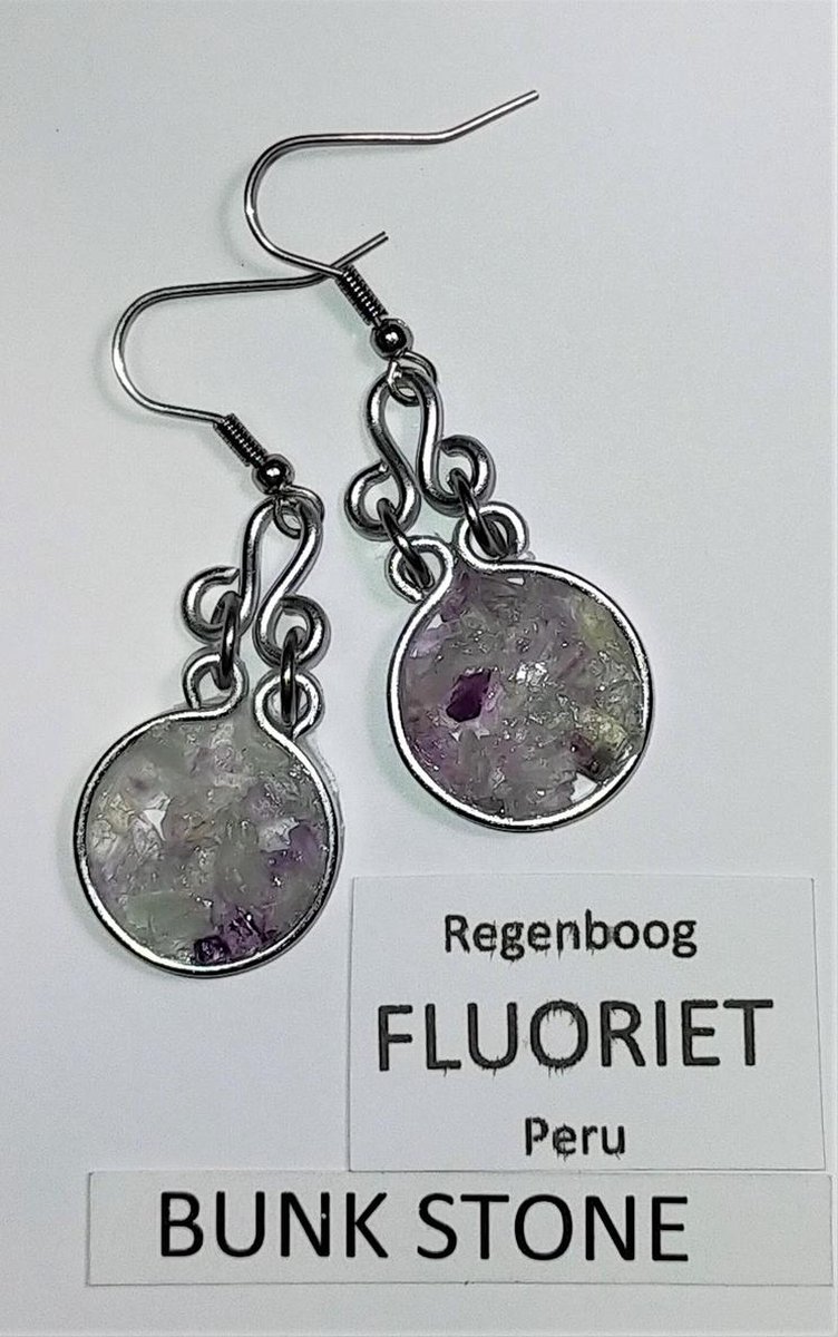 Regenboog Fluoriet - 100% natuurlijke Edelsteen - Bunkstone - Gratis verzending - Oorhangers - Oorbellen - Anti allergisch - Rond-Afmeting 3,5 x1,7 cm.