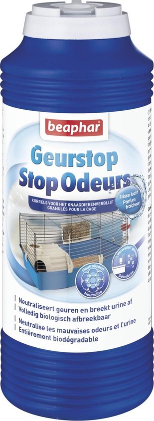Blauwe fles met geurkorrels voor dierenverblijven. Bevat afbeeldingen van een kooi en neutralisatie symbolen.