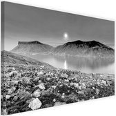 Schilderij Zonsondergang bij bergmeer, 2 maten, zwart-wit, Premium print