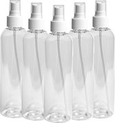 Lege Plastic Fles 250 ml PET Tall Boston 24 - met Witte verstuiverdop – set van 5 stuks - Navulbaar - leeg