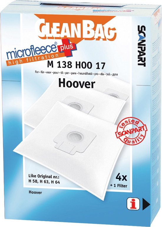 CleanBag stofzuigerzakken 4 stuks – Geschikt voor Hoover Capture Flash Freespace Sprint – H58 H63 H64 – Inclusief 1 filter – Alternatief