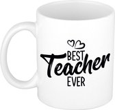 Best teacher ever mok / beker wit met hartjes - 300 ml - cadeau juf / meester / leraar / lerares