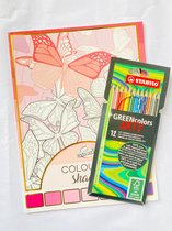 Kleurboek voor volwassen ''Vlinders'' + 12 Stabilo kleurpotloden - Schaduw Kleurboek voor volwassenen - Kleurpotloden voor volwassenen - Potloden volwassenen - Kleuren - Stiften -