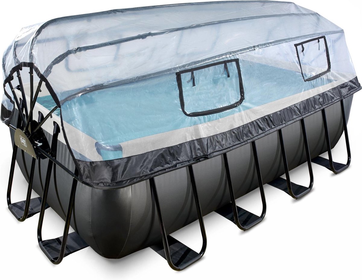 Exit Black Leather Zwembad 400x200x122cm Met Zandfilterpomp En Overkapping En Warmtepomp - Zwart