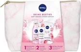 NIVEA Your Besties geschenkset, set met toilettas, reinigingsolie voor gezicht en ogen, dag verzorging en gezichtsmasker, verzorging set voor verwenmomenten om cadeau te geven.