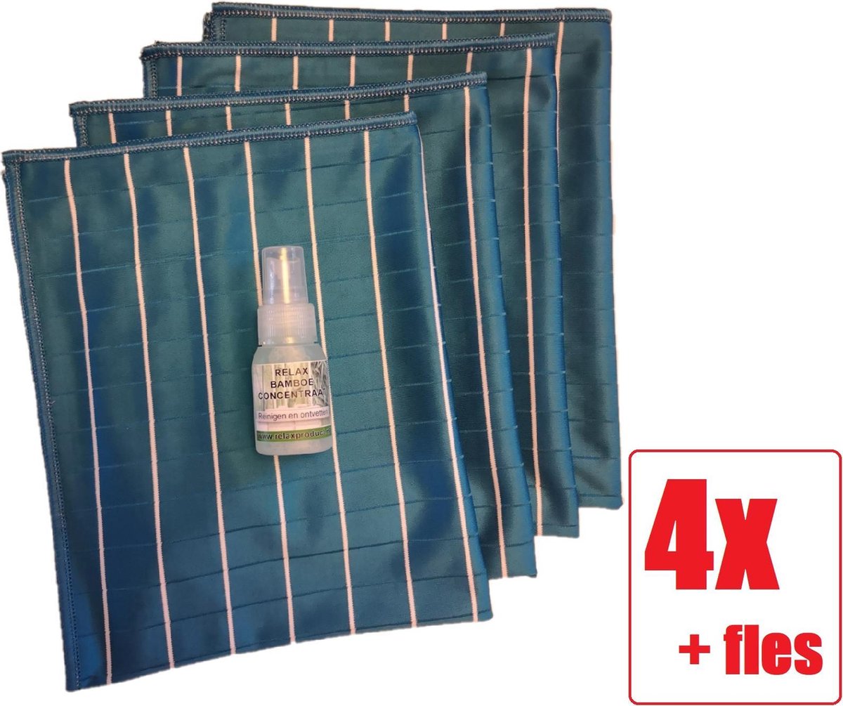 Goedkoopste Bamboe Glasdoek - Glasdoeken - Microvezeldoek - Schoonmaakdoek - Droogdoek - Zeem - Ramendoek - Keukendoek - Wonderdoek - Streeploos schoonmaken - 4 STUKS Blauw Relax Bamboe Concentraat