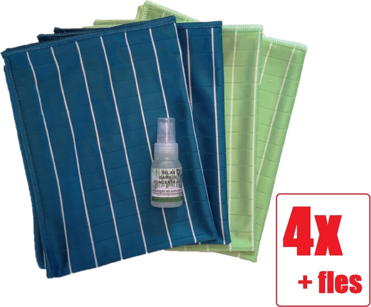 Goedkoopste Bamboe Glasdoek - Glasdoeken - Microvezeldoek - Zeem - Droogdoek - Zeem - Ramendoek - Keukendoek - Wonderdoek - Streeploos schoonmaken - 4 STUKS Relax Bamboe Concentraat