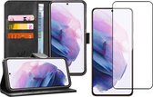 Samsung S21 Hoesje - Samsung Galaxy S21 Book Case Leer Wallet Zwart + Samsung S21 Screenprotector Glas Full Screen Protector
