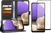 Samsung A32 Hoesje en Samsung A32 Screenprotector - Samsung Galaxy A32 5G Hoesje Book Case Leer Wallet Zwart + Screen Protector Glas Full