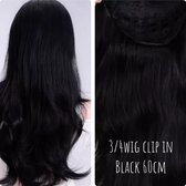 3/4 Wig halve pruik zwart 60cm lengte 200gram Clip In Extensions beste keuze