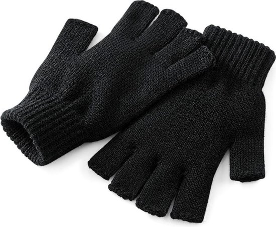 Zwarte gebreide vingerloze handschoenen met geribbelde manchetten.