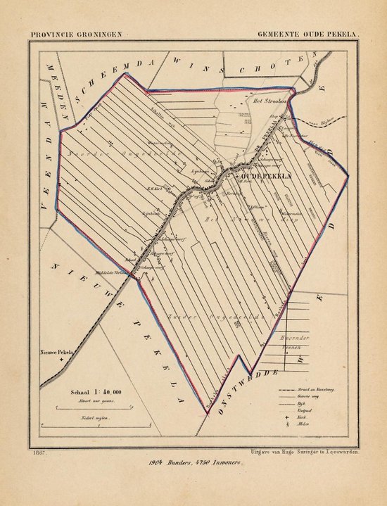Historische kaart, plattegrond van gemeente Oude Pekela in Groningen uit 1867 door Kuyper van Kaartcadeau.com