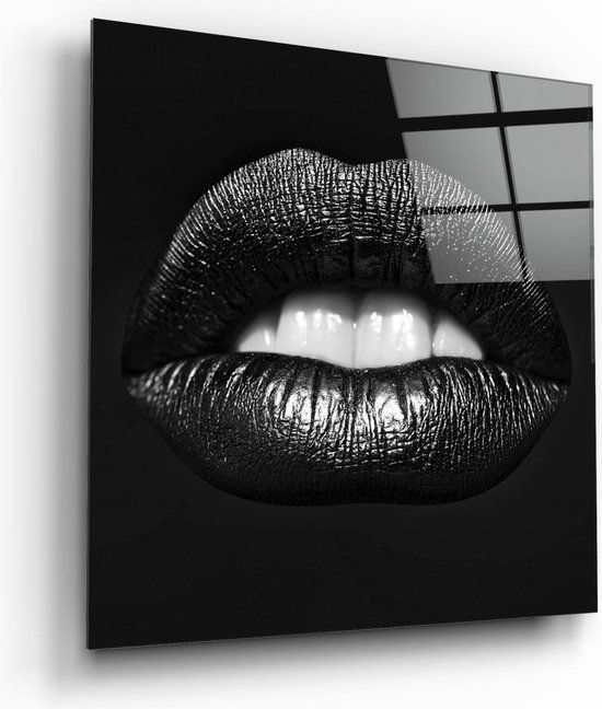 Insigne Glazen Schilderijen - Zwarte Lippen - Vrouw - Vierkant Glasschilderij - Wanddecoratie - 80×80 cm - 4 mm