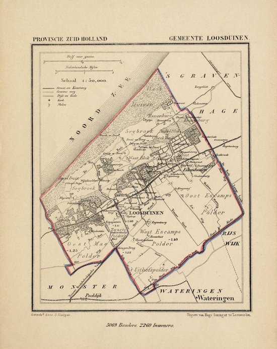 Historische kaart, plattegrond van gemeente Loosduinen in Zuid Holland uit 1867 door Kuyper van Kaartcadeau.com