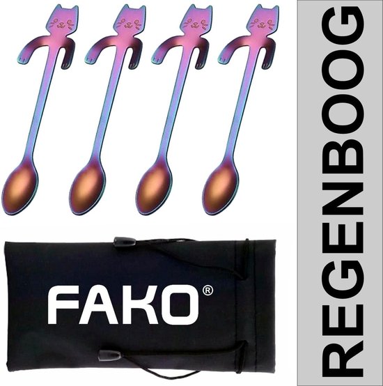 Fako Bijoux® - Theelepel / Koffielepel Hangende Kat - Regenboog - 4 Stuks
