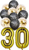 Folie Ballon 30 jaar - met 5 gouden en 5 zwarte ballonnen - Goud - Zwart - verjaardag ballonnen - 1 meter