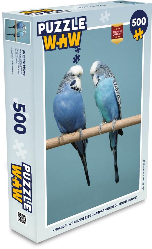 Puzzel 500 stukjes Parkiet - Knalblauwe mannetjes grasparkieten op houten  stok -... | bol.com