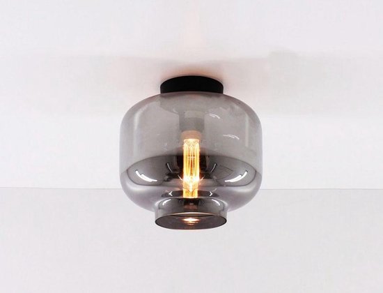 Plafonniere plafondlamp Eef - smoke rookglas blok - 1xE27 - mat zwart