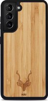 Kudu Samsung Galaxy S21 hoesje case - Houten backcover - Handgemaakt en afgewerkt met duurzaam TPU - Bamboe - Zwart