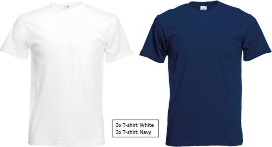 T-shirt pakket, 3x Wit en 3x Navy, Maat L (6 stuks)