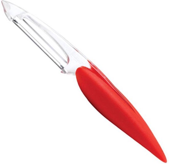 Een rode en transparante dunschiller van Mastrad met een ergonomisch handvat.