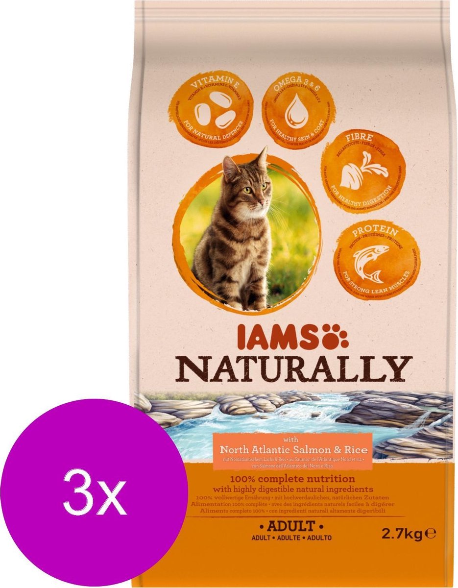 3x IAMS Naturally Kat Adult North Atlantic Zalm&Rijst 2,7 kg