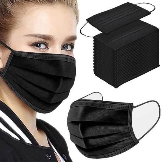100 stuks - zwarte wegwerp mondkapjes - 3laags - gezichtsmaskers - | bol