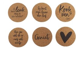 Set van 6 onderzetters van kurk met tekst