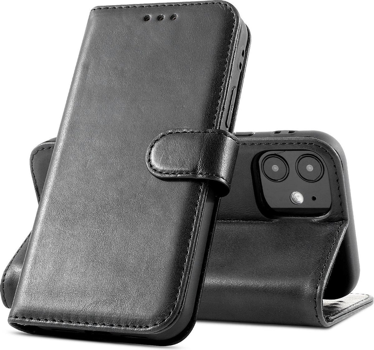 Klassiek Design - Echt Lederen Hoesje - Book Case Telefoonhoesje - Echt Leren Portemonnee Wallet Case - iPhone 12 Mini - Zwart