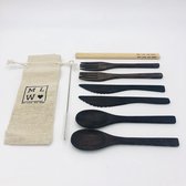 MLMW - Duurzame Bestekset ACACIA - 10 delig - Acacia Houten lepel, vork en mes - Bamboe Rietjes met schoonmaakborstel - Handgemaakt - Uniek - Duurzaam - 100% Natuurlijk - Inclusief linnen zakje - Donkerbruin