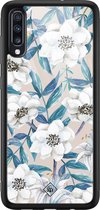 Samsung A50 hoesje glass - Bloemen / Floral blauw | Samsung Galaxy A50 case | Hardcase backcover zwart