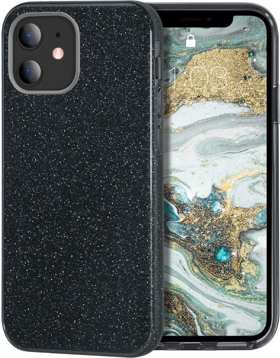 Geschikt voor Apple iPhone 12 Mini Backcover - Zwart - Glitter Bling Bling - TPU case