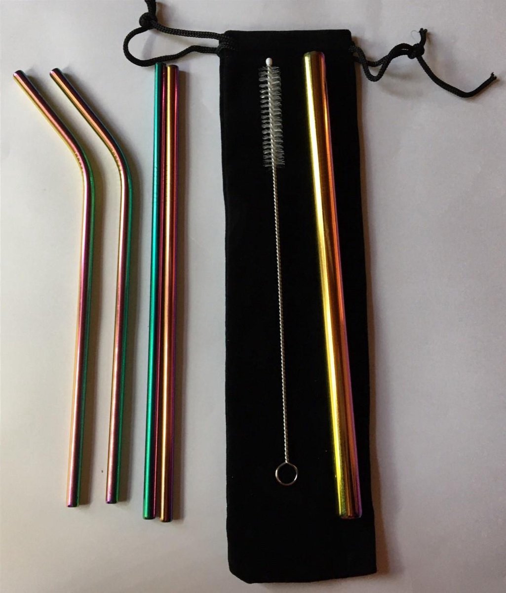 Herbruikbare Metalen RVS Rietjes met borsteltjes 4 stuks Rainbow kleurig
