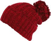 Warme wintermuts met omslag met pompon van acryl kleur rood zwart melee maat one size