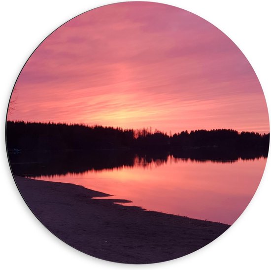 Dibond Wandcirkel - Strand met Mooie Roze Zonsondergang - 60x60cm Foto op Aluminium Wandcirkel (met ophangsysteem)