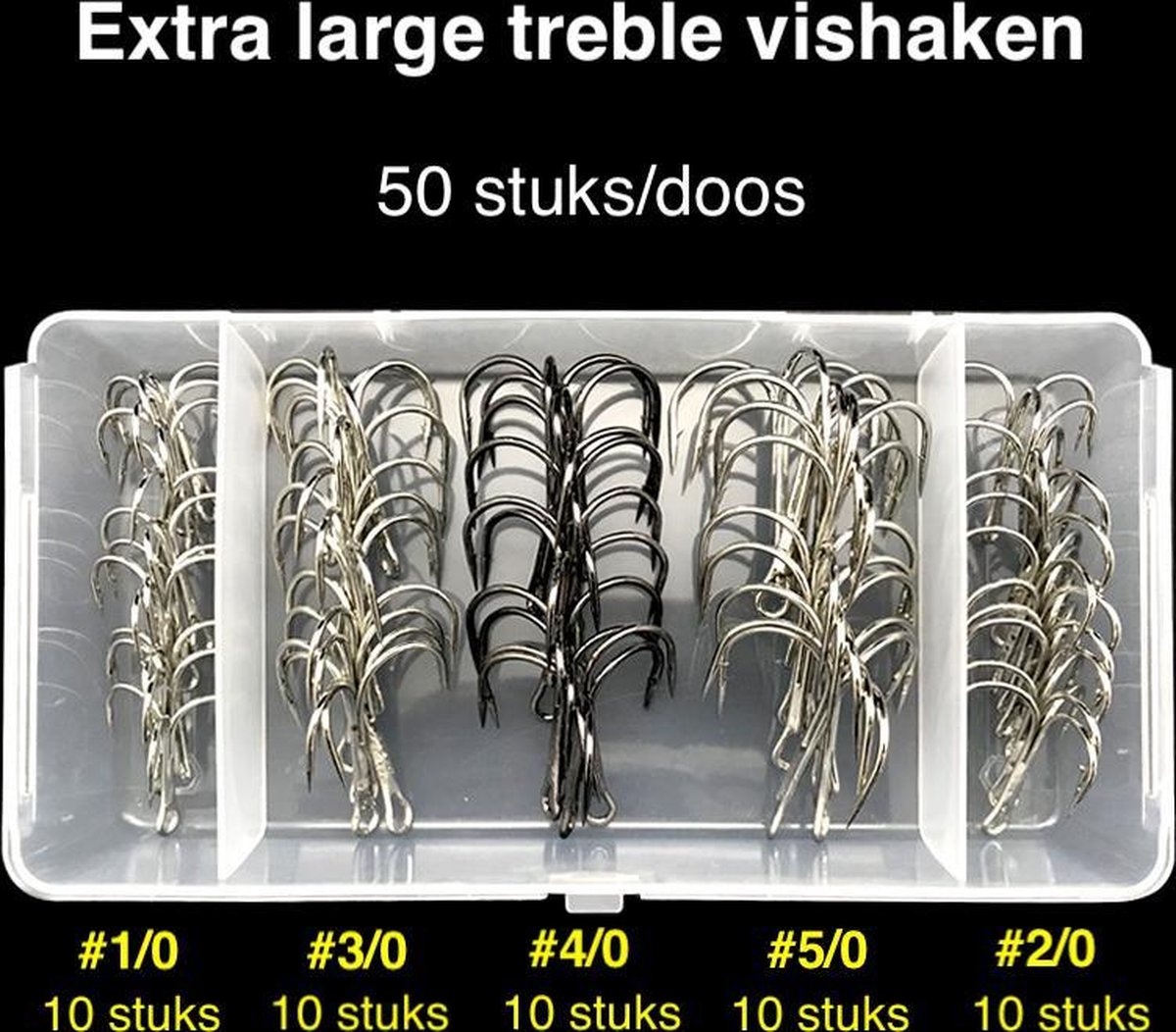 Vishaakjes - Vishaakjes set - Dreg - Treble vishaken set - Dreghaak - Vissen - Visdoos - 50 stuks - XL - Maat 1/0 2/0 3/0 4/0 5/0 - Merkloos
