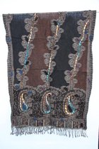 1001musthaves.com Wollen winter dames sjaal in bruin zwart grijs met borduurwerk 70 x 180 cm