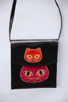1001musthaves.com Zwarte leren dames schoudertas met katten print 16 x 18 cm
