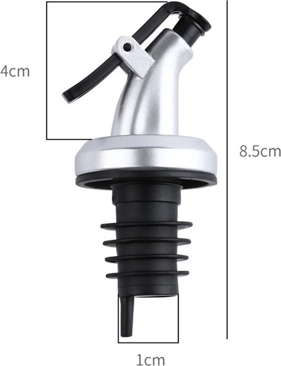 Set van 6 drankschenktuit - roestvrijstalen flessenuitloop en drankschenken, stofdopjes voor alcohol, olijfolie, barmanaccessoires (zilver, met dop uit één stuk