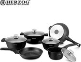 HERZOG - Professionele 16 Delige Gegoten Pannenset - Complete Set - 6 Pannen - Zwart - Afneembare Soft Touch-Handgreep - PFOA / LOOD-vrij