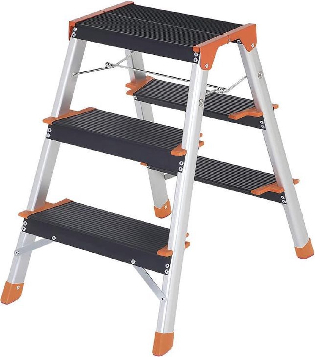 MIRA Home - 3-traps aluminium - Ladder A-vormige vouwladder - Tuin - Aluminium - Grijs/Oranje - 43x22x67
