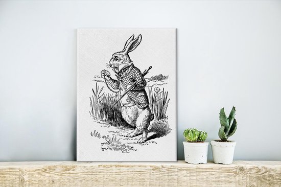 Canvas Schilderij Vintage tekening het witte konijn - zwart wit - 30x40 cm - Wanddecoratie