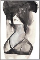 JUNIQE - Poster met kunststof lijst Aquarel vrouw -60x90 /Grijs & Wit